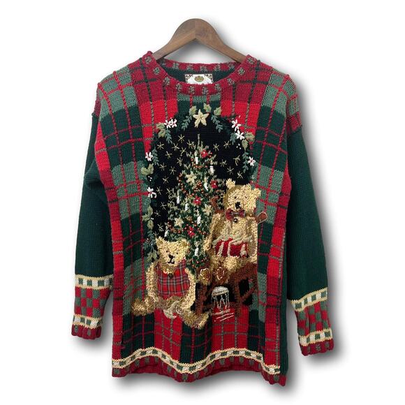 Vintage Womens Tiara Christmas Sweater Medium Oversized Knit Plaid Teddy Bear - Picture 3 of 7